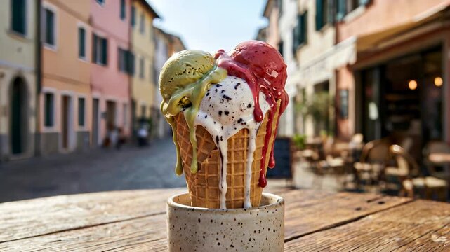 Melting ice cream cones in ceramic cup on sunny street cafe table with blurred town background