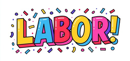 Fototapeta premium Modern Labor Day greeting card with bold typography, vibrant colors, confetti, and a motivational workers' unity slogan.