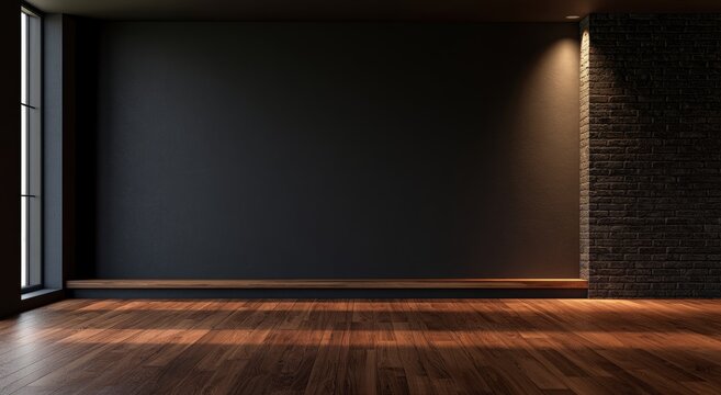 Empty Modern Dark Studio with Black Wall and Wooden Floor