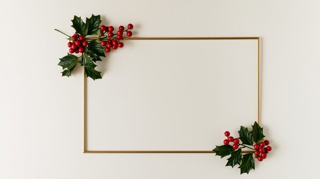 Elegant Golden Christmas Frame with Fir Branches and Red Holly Berries Holiday Border