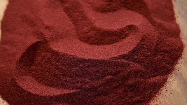 Wooden spoon sweeps through fine red powder in close-up, carving smooth circular grooves and raised ridges across textured surface on light wood with soft directional shadows