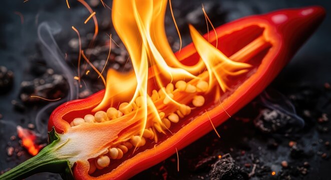 Sliced red chili pepper engulfed in intense orange flames.