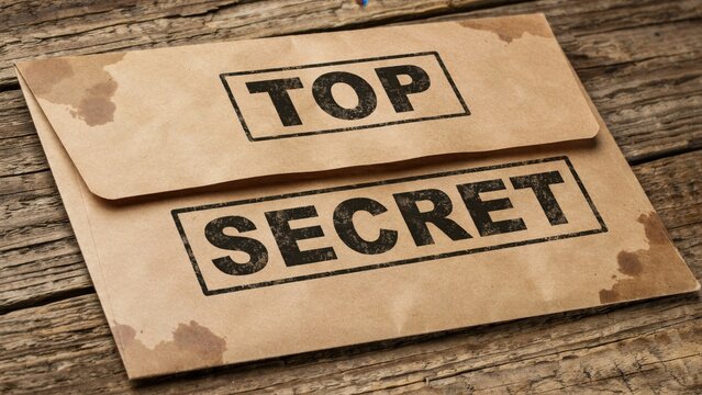 A vintage brown envelope stamped with the words Top Secret resting on a rustic wooden table. Confidential information and classified documents concept.