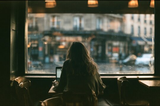 Woman Sitting Indoors Looking through Window at Evening City