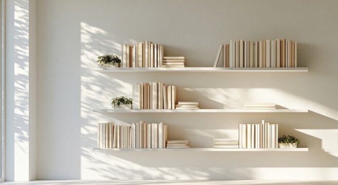 Minimalist Three-Tier White Wall Shelves with Books and Sunlight