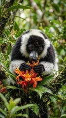 Naklejka premium Black and white ruffed lemur eating orange flowers in jungle