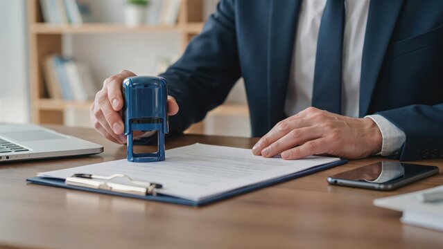 Businessman stamping a legal document at a wooden desk in a bright office. Perfect for notary public and contract approval themes.