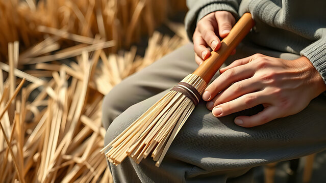 A carved reed on a craftsman's knee by a calm reed bed, focus on texture.