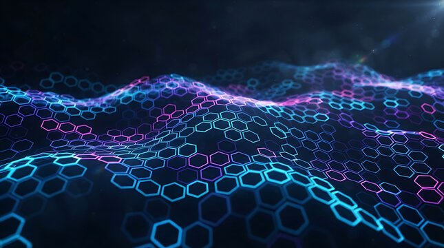 Abstract digital technology background with glowing blue and pink neon hexagon grid patterns forming a wavy landscape surface representing data science connectivity and futuristic networking