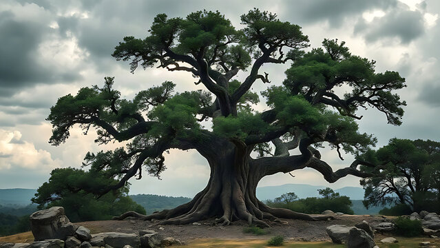 Ancient oak tree standing strong in a storm, roots gripping rocky ground with dramatic sky.
