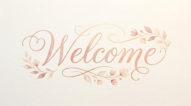 Elegant calligraphy welcome script with pink watercolor flowers and gold filigree accents.