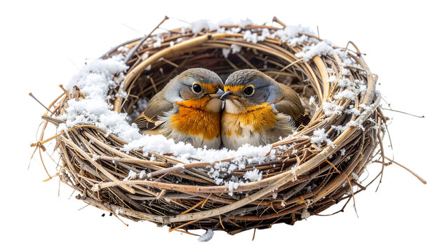A cozy bird's nest cradling two small birds huddled together, delicate snowflakes gently dusting their feathers and the twigs around them, isolated on transparent background.