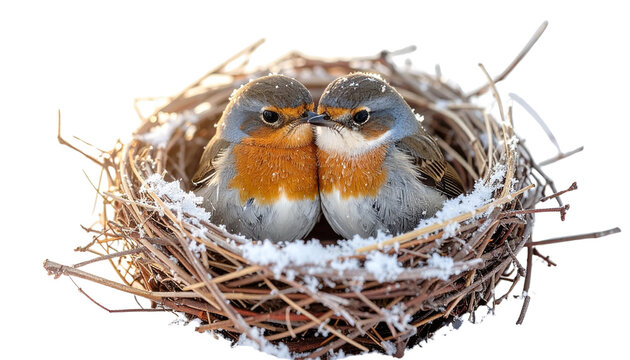 A cozy bird's nest cradling two small birds huddled together, delicate snowflakes gently dusting their feathers and the twigs around them, isolated on transparent background