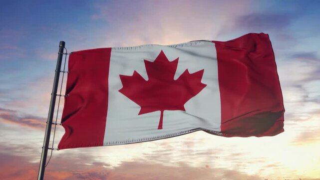 A vivid portrayal of the Canadian flag waving in the wind, set against the backdrop of a stunning sunset with hues of pink and orange.