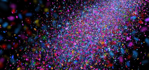 Fototapeta premium Colorful confetti and sparkling lights arranged against a dark background create an energetic and festive party vibe.