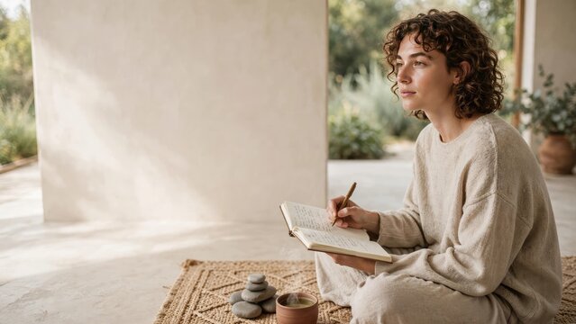 Contemplative Woman Journaling Outdoors with Notebook and Pen