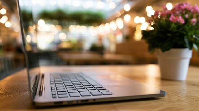Open Silver Laptop on Wooden Cafe Table with Warm Bokeh Background
