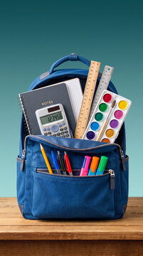 A blue backpack filled with school supplies, including a calculator, notebooks, rulers, markers, pens, and watercolors, showcasing educational readiness and creativity