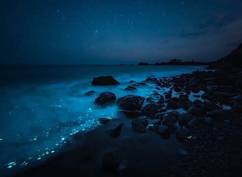 Moon Over the Sea at Night with Serene Ocean Waves and Dramatic Night Sky, Peaceful Coastal Landscape Under a Glowing Full Moon.