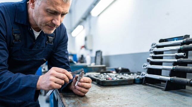 An experienced male mechanic in work dungarees uses a leaf feeler gauge to measure and adjust the electrode clearance gap on an ignition spark plug at a workbench.