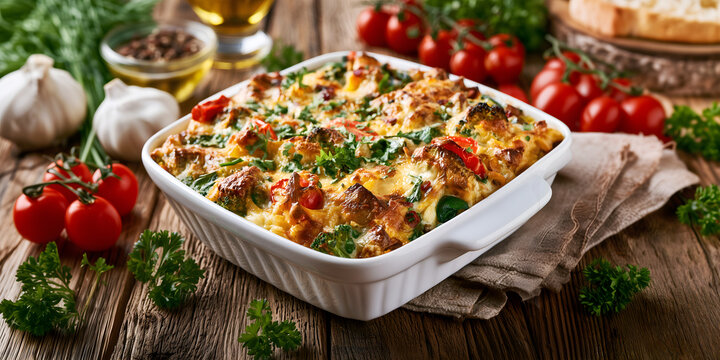 Creative food Concept. White ceramic dish of classic warm comforting baked casserole potato gratins with cheese, protein, tomato vegetable, starch, meat on rustic wooden table. copy text space