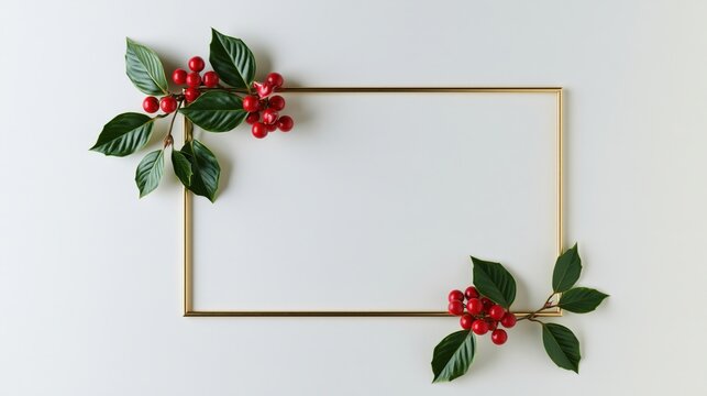 Elegant Golden Christmas Frame with Fir Branches and Red Holly Berries Holiday Border