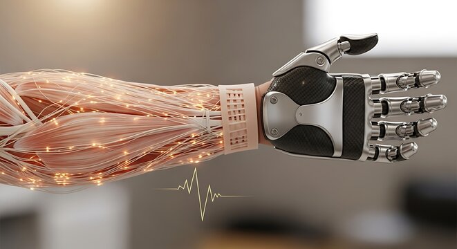 Advanced bionic arm featuring synthetic muscles and glowing neural pathways integrated with metallic robotic fingers demonstrating future medical innovation and cybernetic technology development
