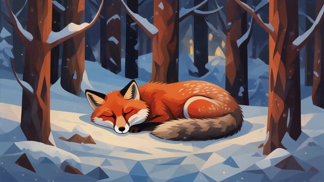 Sleeping Fox in Snowy Forest