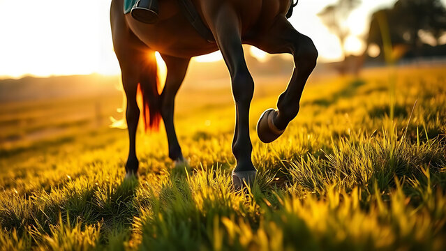 A rider dismounting a horse in a peaceful countryside at golden hour.