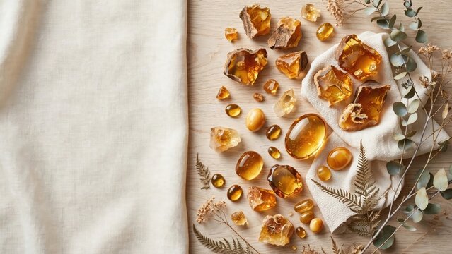 Natural Amber Resin Stones and Dried Foliage on Wood