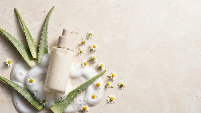 Natural Skincare Flat Lay with Aloe Vera and Daisies