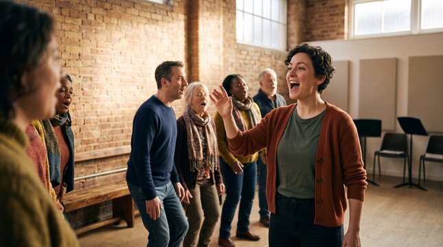 Vocal leader guides singers through a vowel exercise