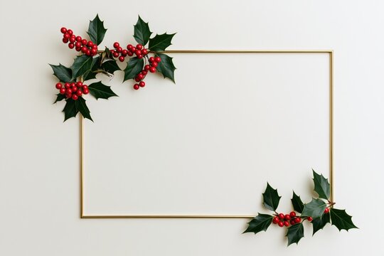 Elegant Golden Christmas Frame with Fir Branches and Red Holly Berries Holiday Border