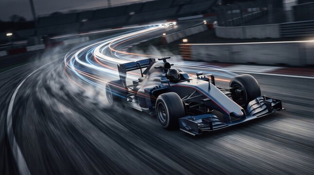 High-Speed Race Car Navigating a Curved Track at Night with Light Trails.