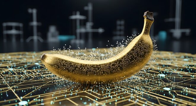 Golden banana with digital circuit board and microscopic particles concept