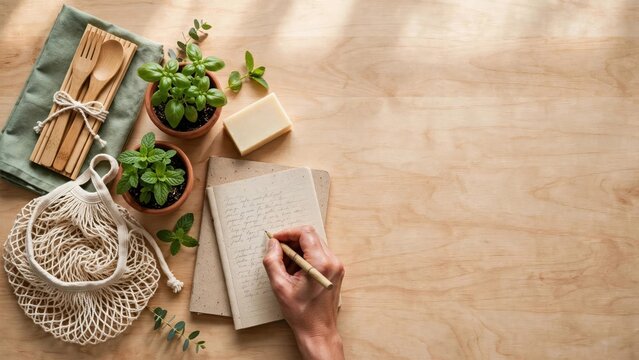 Rustic Flat Lay of Journaling Supplies, Plants, and Stationery