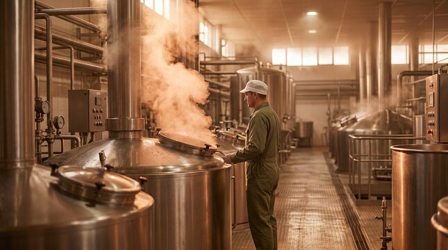 Steam rises through an industrial broth reduction hall