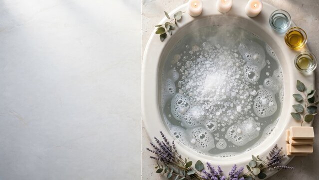 Spa Bath Ritual with Lavender and Bubbles on Marble
