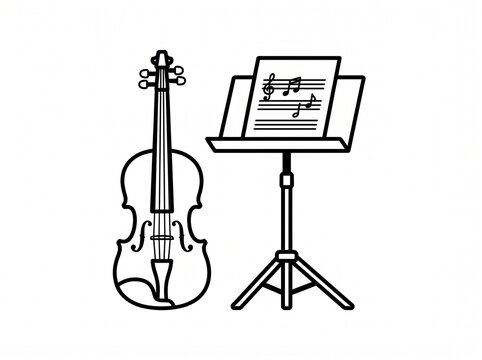 Minimalist violin line art, classical string instrument with music stand, black and white orchestral equipment icon
