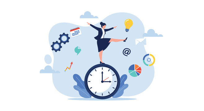 Ambitious businesswoman balancing on giant clock surrounded by various corporate icons representing multitasking and strict time management.