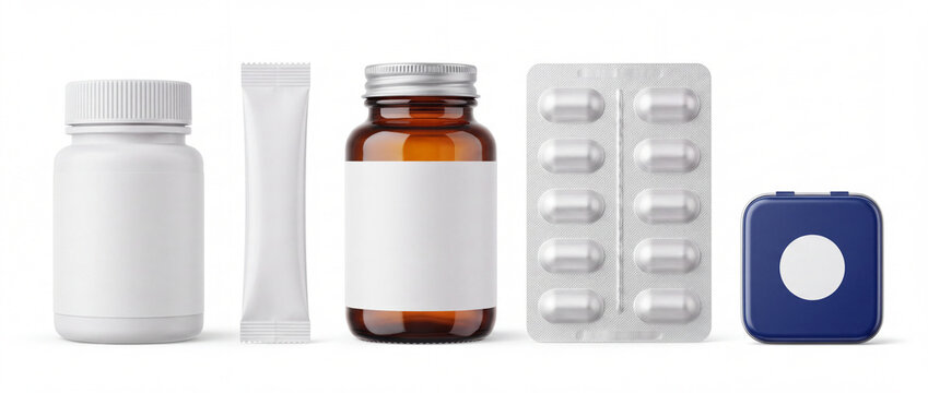 Pharmaceutical packaging mockup set with blank bottles, sachet, foil blister pack, and pill box on white background for medical branding, supplement design, and healthcare presentation