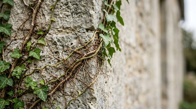 Green ivy vines and roots climbing a textured stone wall