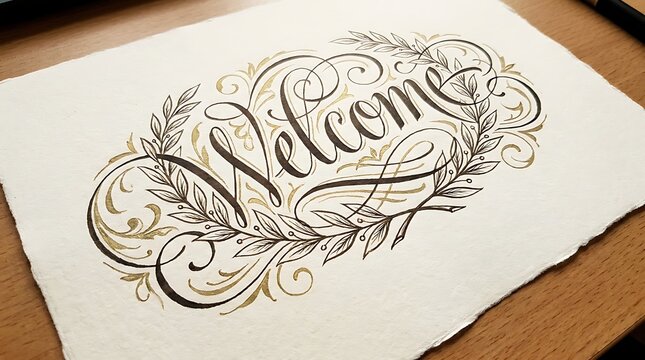 Elegant welcome calligraphy script featuring gold and ink floral wreath border for luxury event invitations or wedding stationery.