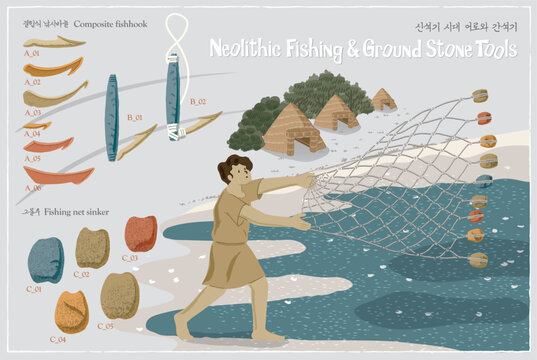 Korean Prehistoric Neolithic Fishing and Ground Stone Tools Vector Illustration Set