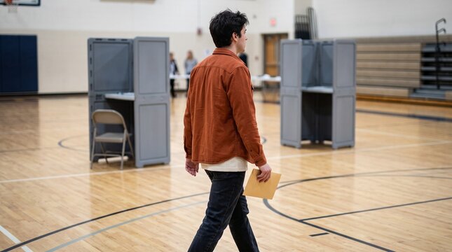 Young voter approaches a private voting booth