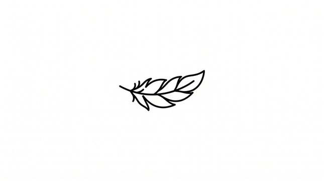 Minimalist feather line art, simple black ink bird feather illustration, elegant quill sketch on white background