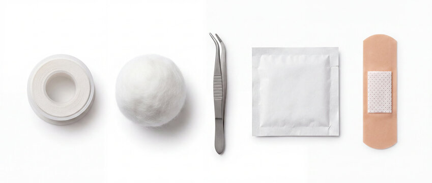 First aid supplies for sterile wound care arranged in a flat lay with medical tape, cotton ball, tweezers, antiseptic sachet, and adhesive plaster on a clean white background