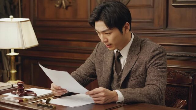 A professional actor focused on the script, sitting at a desk in an office.