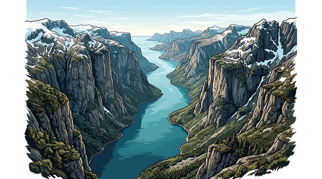 Majestic fjord landscape illustration with towering rocky cliffs