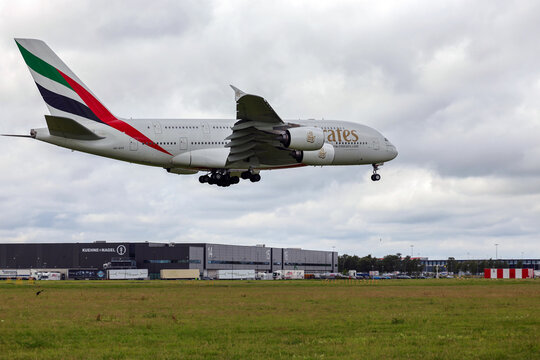 A6-EDZ Emirates Airbus A380-800 is landing at Schiphol Amsterdam Airport